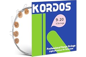 KORDOS Banjo Strings 5 string Set Light Loop End, Vacuum-Sealed Packing Long Life, 5 String Banjo Strings Set - 70/30 Phorsphor Bronze, Hex Carbon Steel Core, Light Gauge, 9-20