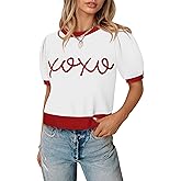 Womens Puff Short Sleeve Sweater Casual Cropped Knit Shirts Cute Valentines Pullover Jumper Tops