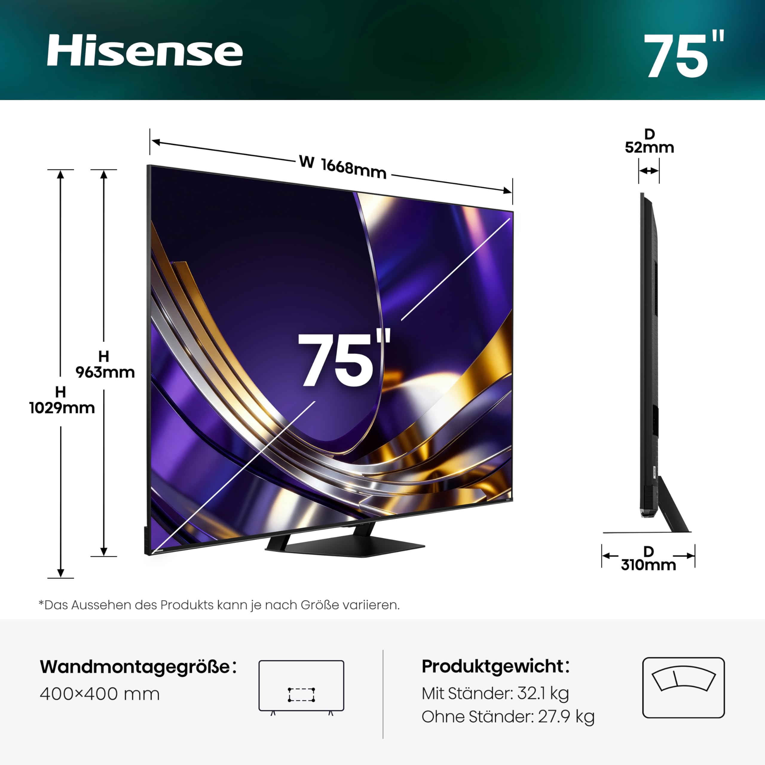 Hisense 75U7DS PRO Fernseher 75 Zoll, 4K UHD, Hi-QLED Mini LED Pro, Smart TV, 165Hz, Hi-View AI Engine Pro, IMAX Enhanced, AI RGB Lichtsensor, Dolby Vision.Atmos, Unibody Slim, FreeSync Premium [2026] 2
