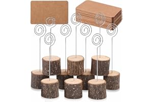 SENOVER Place Card Holders 10pcs Table Number Holders with 20pcs Cards Rustic Real Wood Base Wedding Table Name Number Holder Party Decoration Card Holders Picture Memo Note Photo Clip Holder