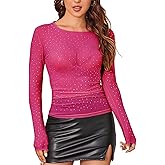 SEBOWEL Women Rhinestone Top Glitter Sparkly Long Sleeve Sheer Mesh Tops Bodycon Shirred Ruched See Through Shirt Blouse