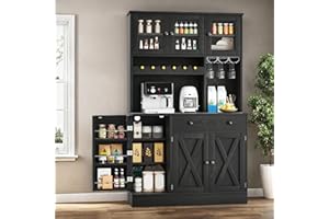 YITAHOME 71''H Kitchen Pantry Cabinet with Drawer, Doors, Goblet Holder, Wine Rack for Storage, Tall Cabinet with Power Outlet for Kitchen & Living Room (Black Oak)