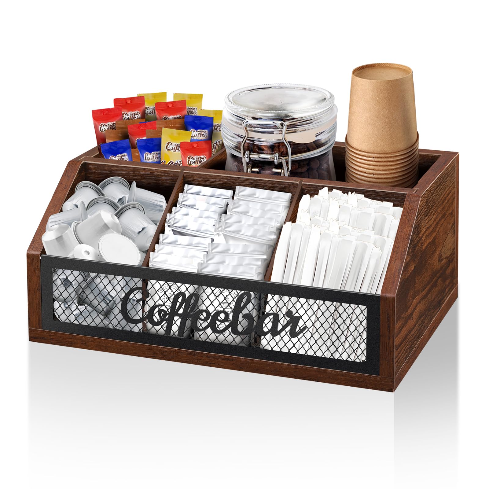 Photo 1 of Coffee Station Organizer for Counter, Wood Pods Holder Basket with Removable Dividers, Office Coffee Bar Accessories Decor for Syrup, Cups, Stirrer, Tea