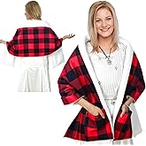 Jiuguva Warm Shawl Wrap for Women Red Black Plaid Christmas Grandma Gift Elderly Winter Shawl with Front Pocket for Senior