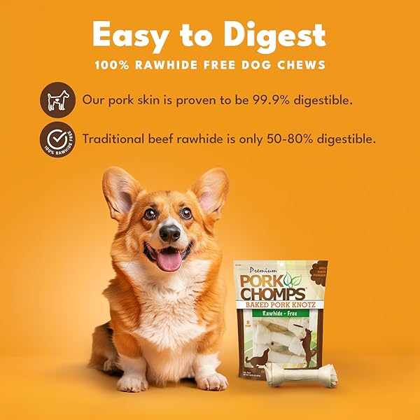PORK CHOMPS BAKED PORK SKIN DOG CHEWS, 7-INCH KNOTS, 8 COUNT