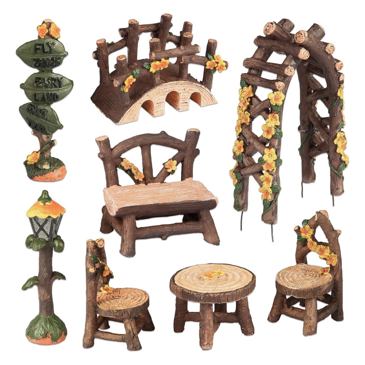 Durlo 8 Pcs Miniature Fairy Garden Accessories with Table, Chairs, Bridge, Street Lamp, Door Arch, Signpost, and Stools for Dollhouse Decor