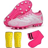 brooman Kids Firm Ground Soccer Cleats Boys Girls Football Shoes with Shin Guards and Soccer Socks