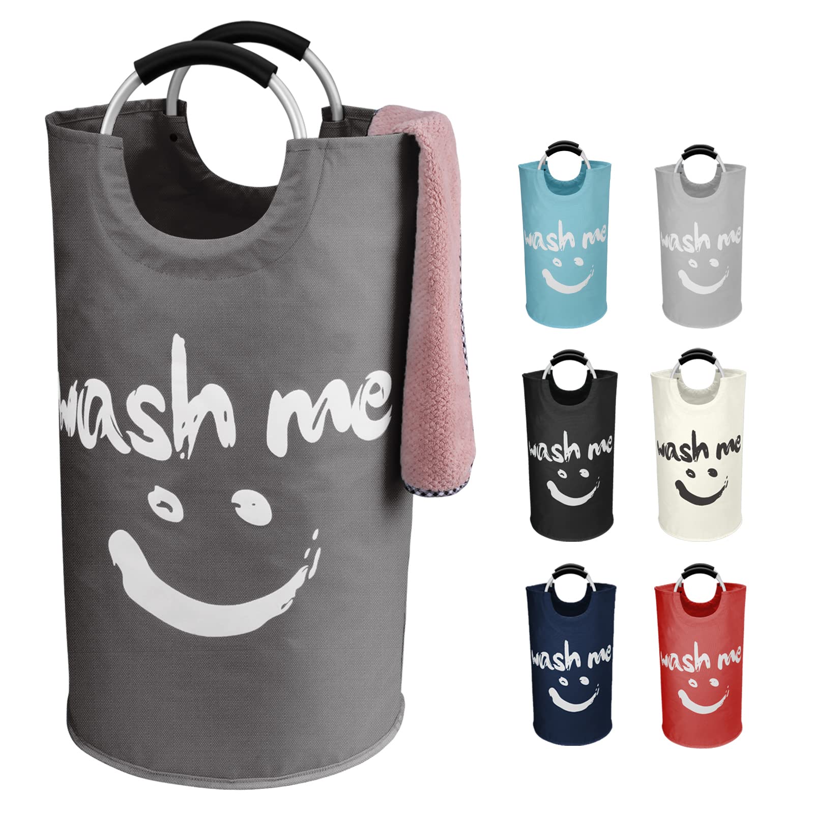 IHOMAGIC 95L Large Laundry Bags for Family, Collapsible Laundry Basket with Handles, Portable Wash Bin with Smiley Pattern, Freestanding Washing Baskets for Laundry, Dorm, Dark Grey