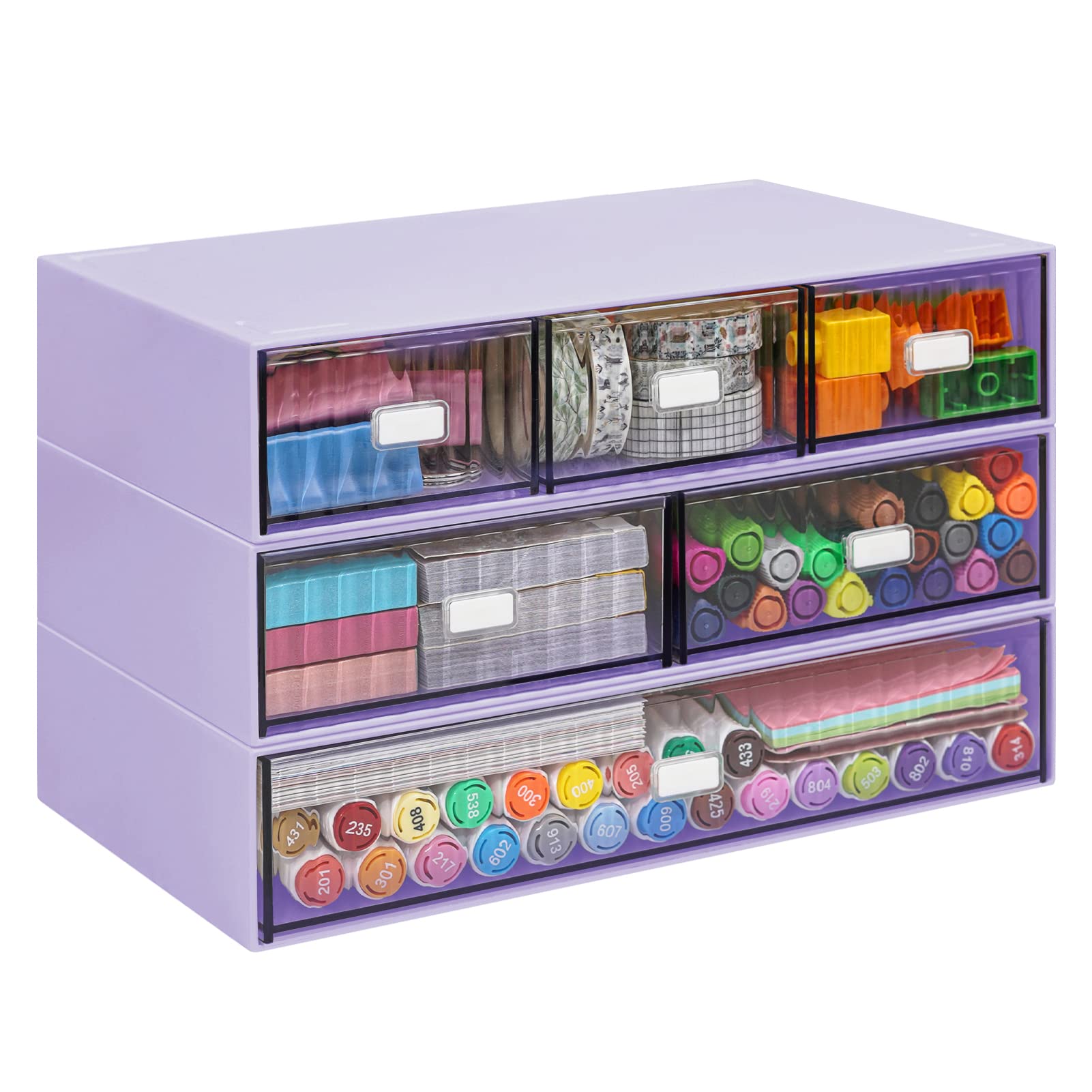 Photo 1 of 3 Tier Stackable Desk Organizer with 6 Drawers, Plastic Desktop Storage Box Drawers, Detachable Makeup Storage Office Stationery Supplies Organizer for Office School(Purple)