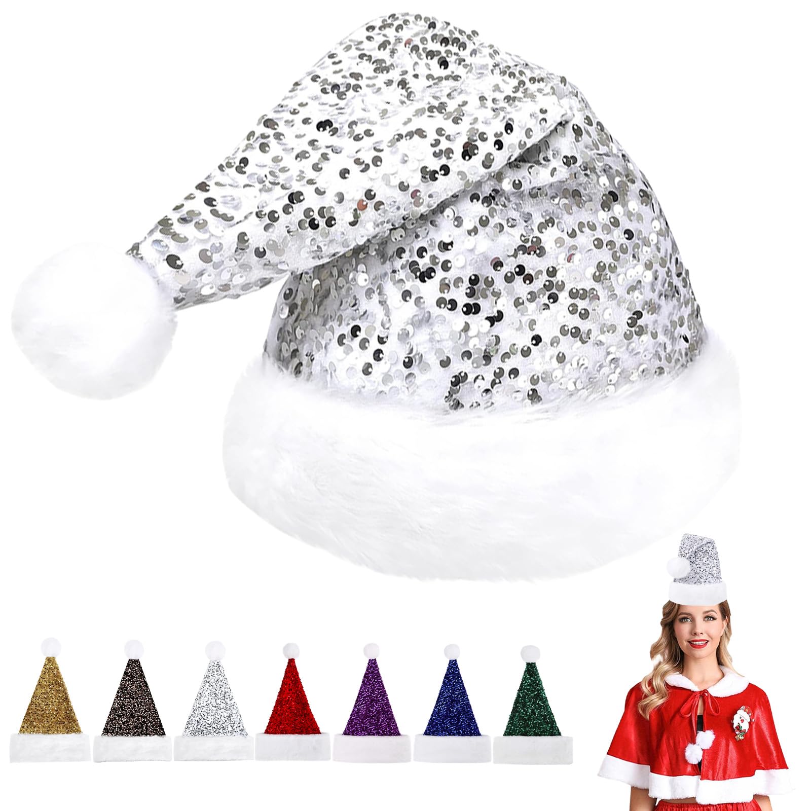 Sequin Christmas Hats Santa Hat for Adults,Deluxe Velvet Xmas Santa Claus Hat,Unisex Velvet Comfort Christmas Party Hats Thicken Classic Fur for New Year Festive Christmas Party Supplies(Silver)