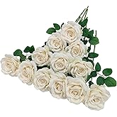 ATFL Ivory Roses Artificial Flowers,Fake Roses Bulk, 12 Pcs,Flower Diameter 4'',Faux Silk Rose Flowers with Stems for Wedding Arrangement Centerpieces Party Home Table Decorations,Flores Artificiales