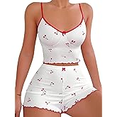 Hilinker Womens Graphic Print Ribbed PJ Set Crop Cami Tops and Shorts Cute Pajamas Set