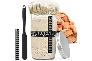 DWTS DANWEITESI Sourdough Starter Jar with Date Marked Feeding Band, Thermometer, Sourdough Fermentation Jar Scraper, Sewn Cloth Cover & Aluminum Lid, Sourdough Starter Kit Reusable(1pcs/35oz)