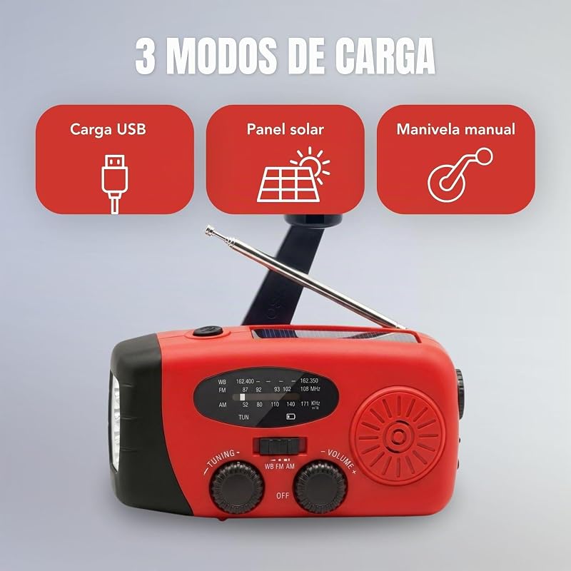 RÁDIO SOLAR DE EMERGÊNCIA com manivela e carregamento USB-C, rádio portátil AM/FM com bateria recarregável de 2000mAh, lanterna LED, power bank, ideal para campismo, sobrevivência, excursões, apagões e casa — foto 3 de 8