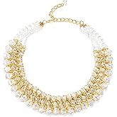 COOLSTEELANDBEYOND Statement Necklace White Faceted Crystal Beads String Gold Braided Chain Pendant