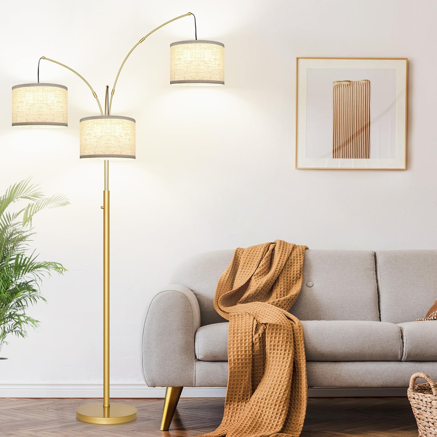 Photo 1 of Nintiue Dimmable Floor Lamp - 3 Lights Gold Arc Floor Lamps for Living Room, 1000LM Modern Tall Standing Lamp with White Shades, Mid Century Tree Floor Lamp for Bedroom Office, 3 LED Bulbs Included