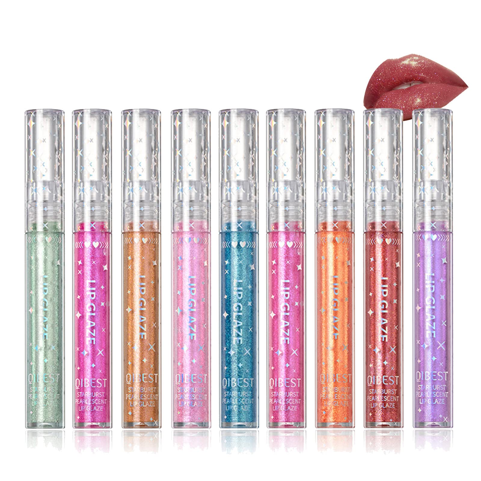 RoseFlower 9 Colors Diamond Liquid Glitter Shimmer Lipsticks/Lip Gloss Set, Glitter Liquid Lipsticks Set, Nonstick Cup Waterproof Metallic Lip Gloss Set Lips Cosmetic for Women Girls