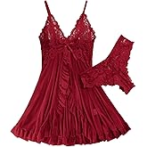 Foxiny Sexy Open Front Ruffle Sheer Mesh Lace Wireless Babydoll Lingerie Dress with Thong 2 Piece