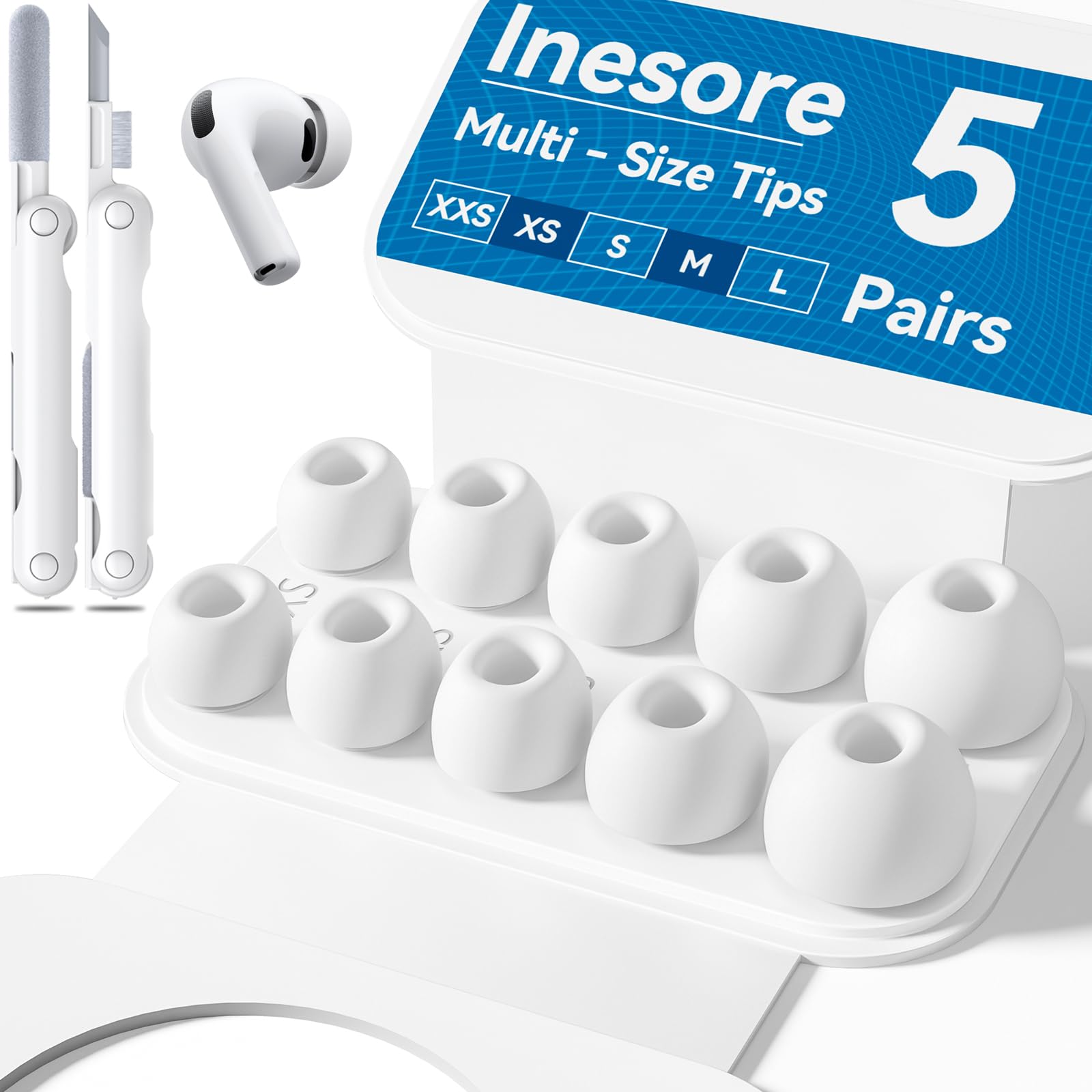 Photo 1 of *** Inesore 5 Pairs Replacement Ear Tips for AirPods Pro 3 (2025) with Portable Storage Box & Cleaner Pen,Built-in dust Guard Screen Silicone Ear Tips 5 Sizes (XXS/XS/S/M/L)-White