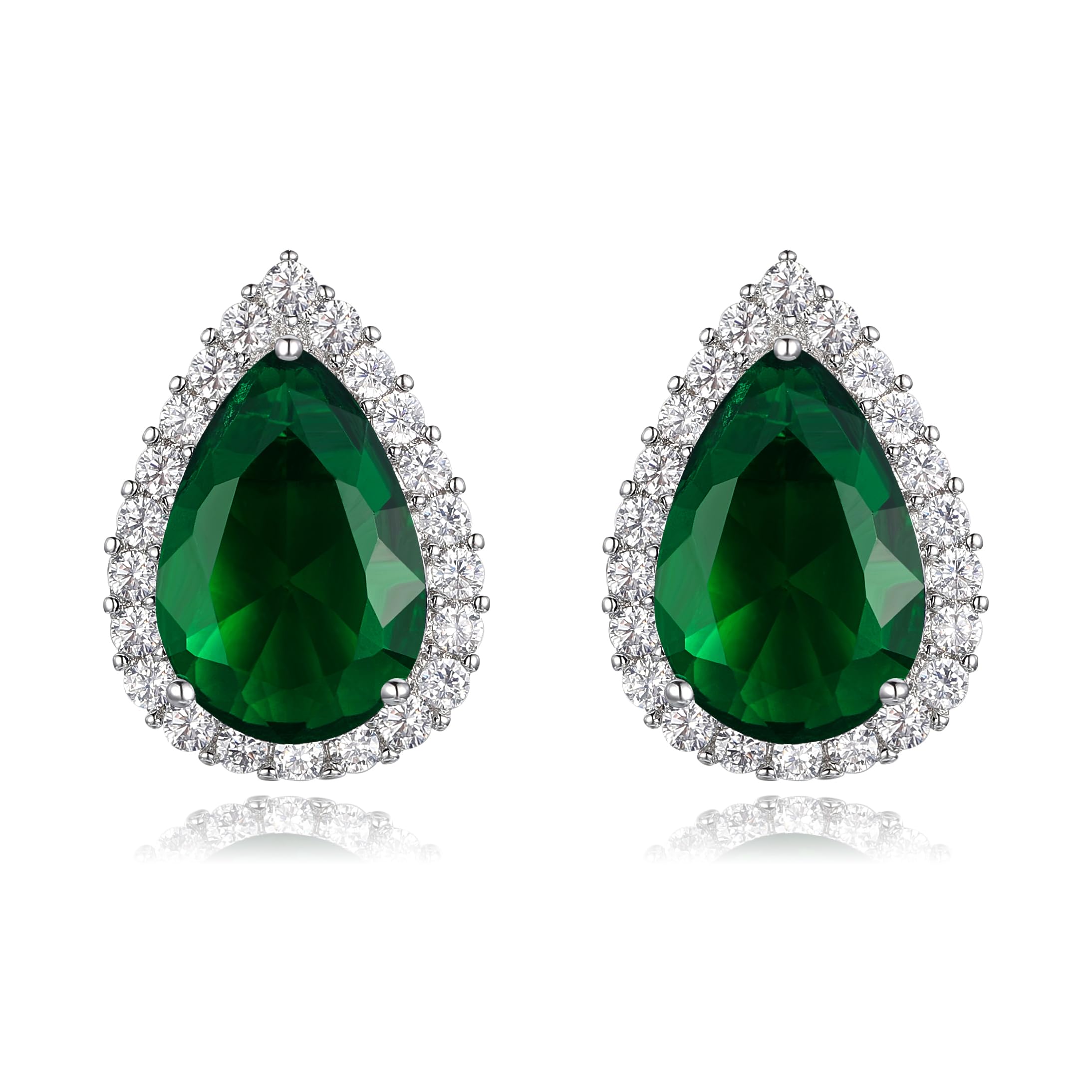 EVER FAITH Women's Full Cubic Zirconia Wedding Teardrop Stud Earrings Green Silver-Tone