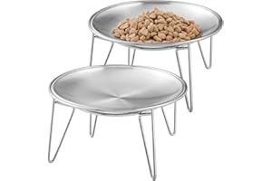 Wellbro Cat Food Bowls, 2 Pcs Stainless Steel Cats Food and Water Whisker Fatigue Shallow Dishes, Small Dog Puppies Fat Faced Cat Kitten Supplies (2 Plates with Stand)