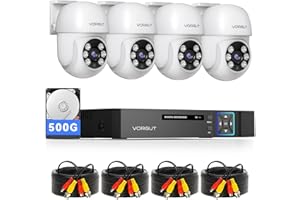 VORGUT Wired Security Camera System Outdoor, 4pcs Pan/Tilt CCTV Cameras and 4CH 5MP Lite AHD TVI DVR (500GB HDD), 360° View Surveillance DVR Kit, Motion Detection, 24/7 Recording, Remote Access