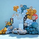 Race Car Balloon Garland Arch Kit 155Pcs Dusty Blue Yellow Latex Balloon Checkered Foil Balloons for Racing Car Truck Theme Two Fast 2nd Birthday Party Decorations