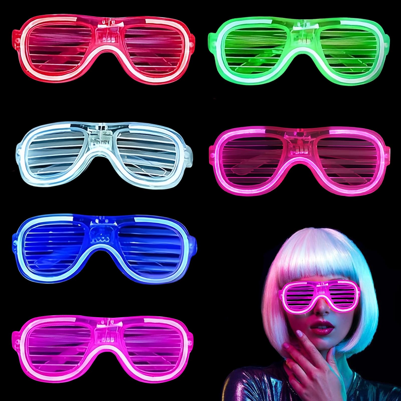 6Pcs Neon Party Glasses,LED Light up Glasses Flashing Glow Sunlasses,Luminous Shutter Rave Glasses for Kids Adults 80s 90s Discos Party Concert Halloween New Years Eve Xmas Party Bag Filles(6 Color)