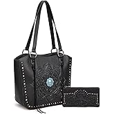Montana West Western Tooling Tote Bag with Wallet Set for Women Vintage Studded Top Handle Shoulder Handbag