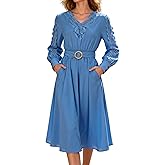 RuoRayVan Women's 2026 Spring Dresses Long Puff Sleeve Crew Neck A Line Elastic Wasit Embroidery Formal Casual Midi Dress