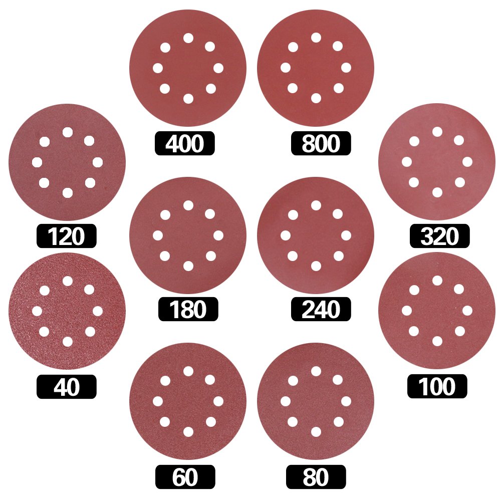 Swpeet 100 Pcs Sanding Discs - Aluminium Oxide Sandpaper - Red Brown - 10 Sizes (40/60/80/100/120/180/240/320/400/800 Grits) - Compatible with Electric & Pneumatic Tools