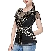 Vijiv Women's 1920s Inspired Beaded Sequin Top V Neck Shimmer Glitter Blouse Short Sleeve Formal Gatsby Shirt