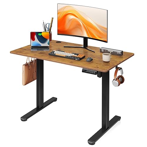 DEVAISE Electric Standing Desk Height Adjustable 100×60 cm, Sit Stand Desk with Memory Smart Pannel, Splice Board, Quiet Operation, Sturdy Metal Frame for Home Office, Brown