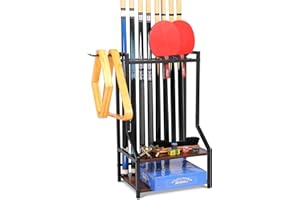 EnigmaSoul Floor Pool Cue Rack Holds 24 Cue Sticks & Pool Table Accessories, Pool Stick Holder with Ping Pong Storage, Wooden Floor Stand Pool Cue Holder for Game Room Billiard Club or Man Cave