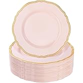 Hioasis 60pcs Pink Plastic Plates - Pink and Gold Disposable Dinnerware with Gold Rim, Heavy-duty, 7.5 inch, Dessert Plates for Party & Valentine's Day