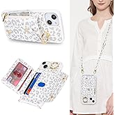 Lipvina for iPhone 14 Case with Card Holder and Strap - Zipper Pocket,Crossbody Lanyard Strap,Credit Card Holder,Stand Ring,Cute Phone Wallet Case for Women(White Leopard,6.1 Inch)