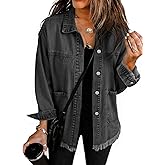 Choichic Denim Jacket for Women Jean Jacket Coat Frayed Hem Shacket Fall Outfits With Huge Pockets