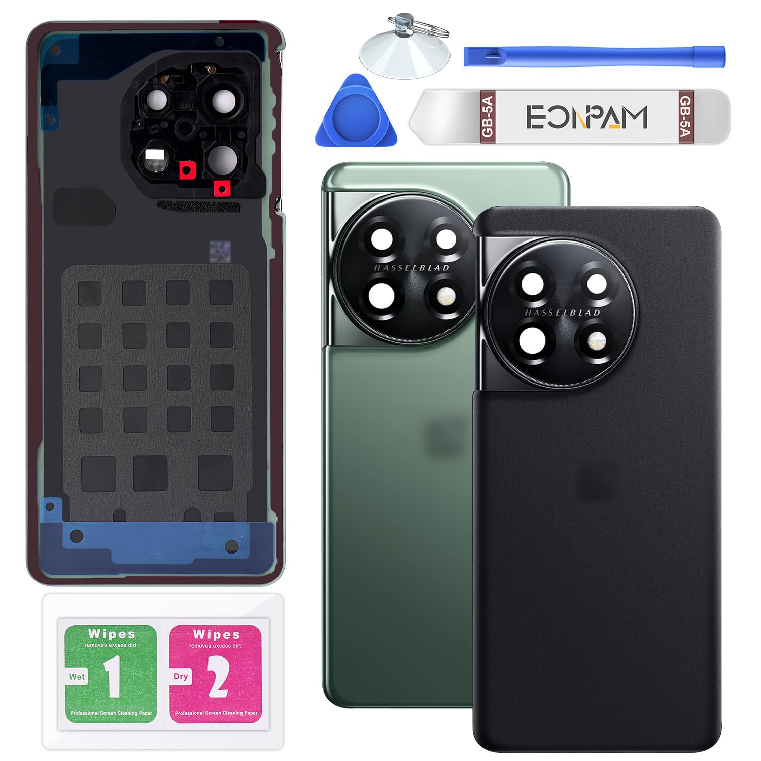 Eonpam Back Cover Glass for Oneplus 11 Rear Glass Replacement with Camera Lens + Repair Kit Genuine Rear Housing (Black)