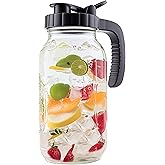 Glass Mason Jar Pitcher With Lid 2 Quart Sun Tea Glass Pitcher 64 Oz Wide Mouth Half Gallon Hot Cold Water Coffee Jug Carafe For Fridge Lemonade, Beverage,Milk,Juice, Cold Brew Tea Container