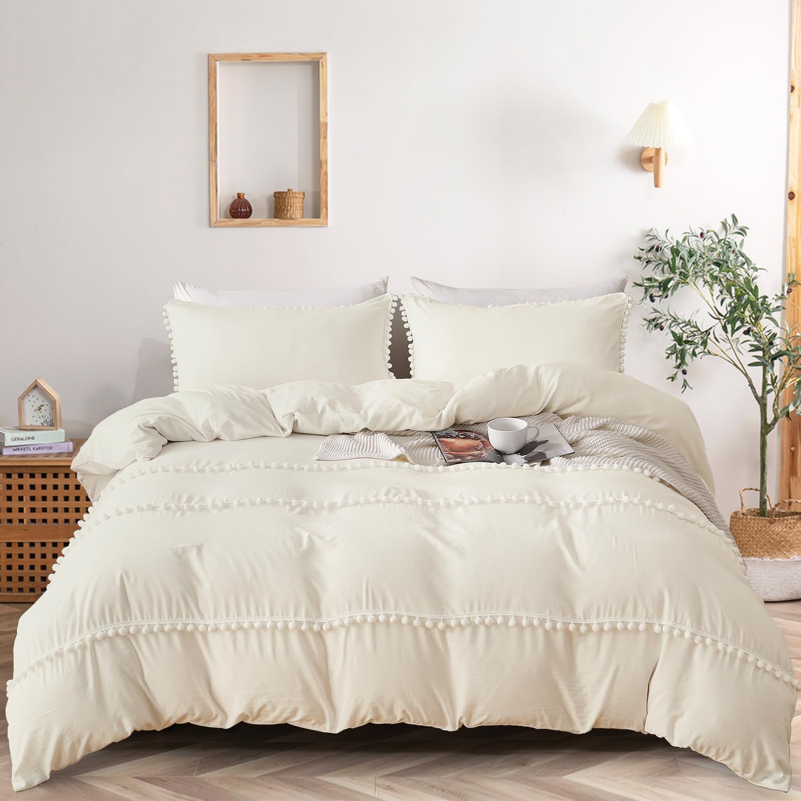 Fondream Beige Duvet Cover Set Double Size Pompom Tassels Design Bedding Sets Soft and Lightweight Microfiber Duvet Cover(Beige, 3PCS) — image 1