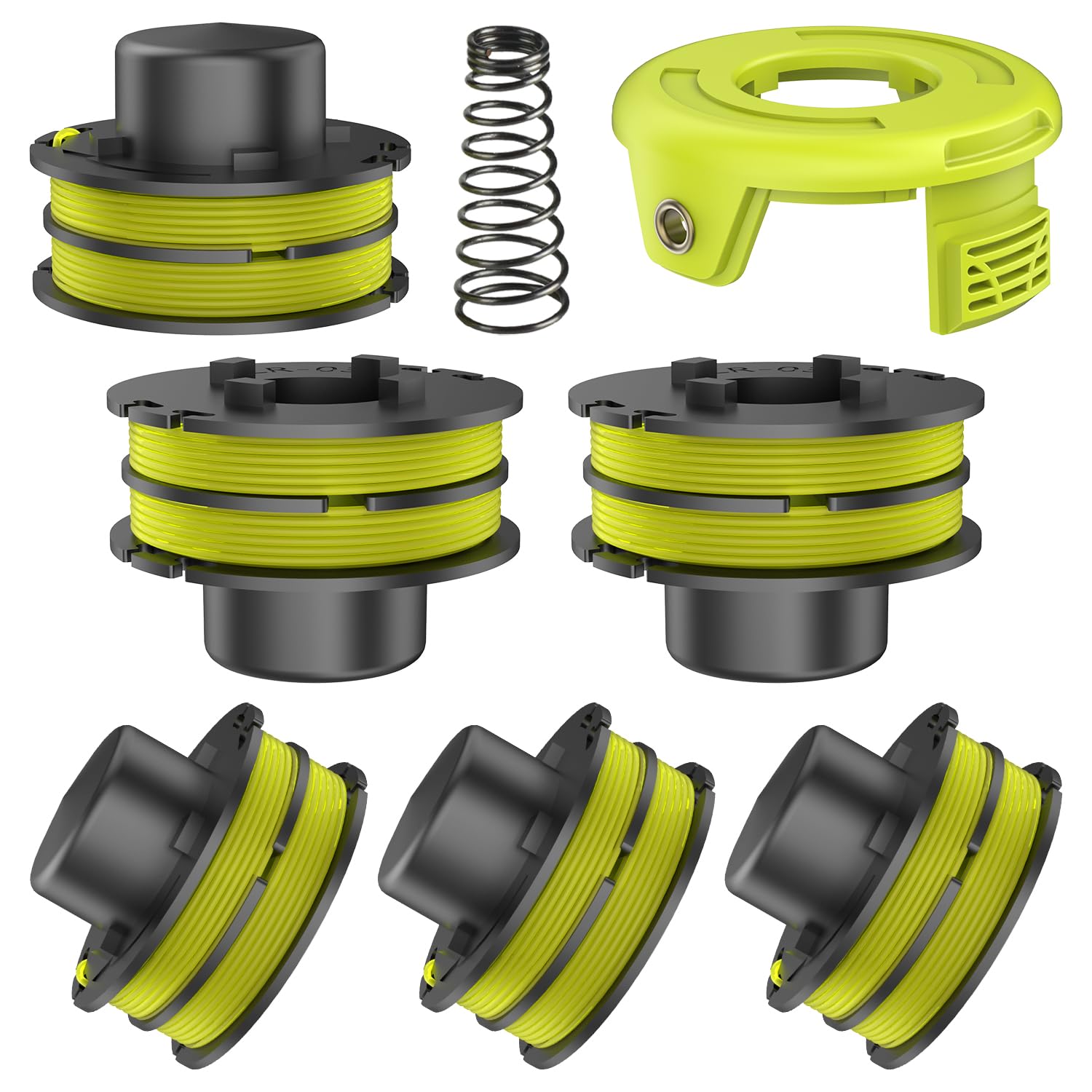 MAOZHOU Strimmer Spool Line,6 PCS Φ1.5mm 8.4m RAC119 Nylon Replacement Spools + RAC118 Spool Cover + Spring,Compatible with Ryobi RLT3525S Grass Trimmer