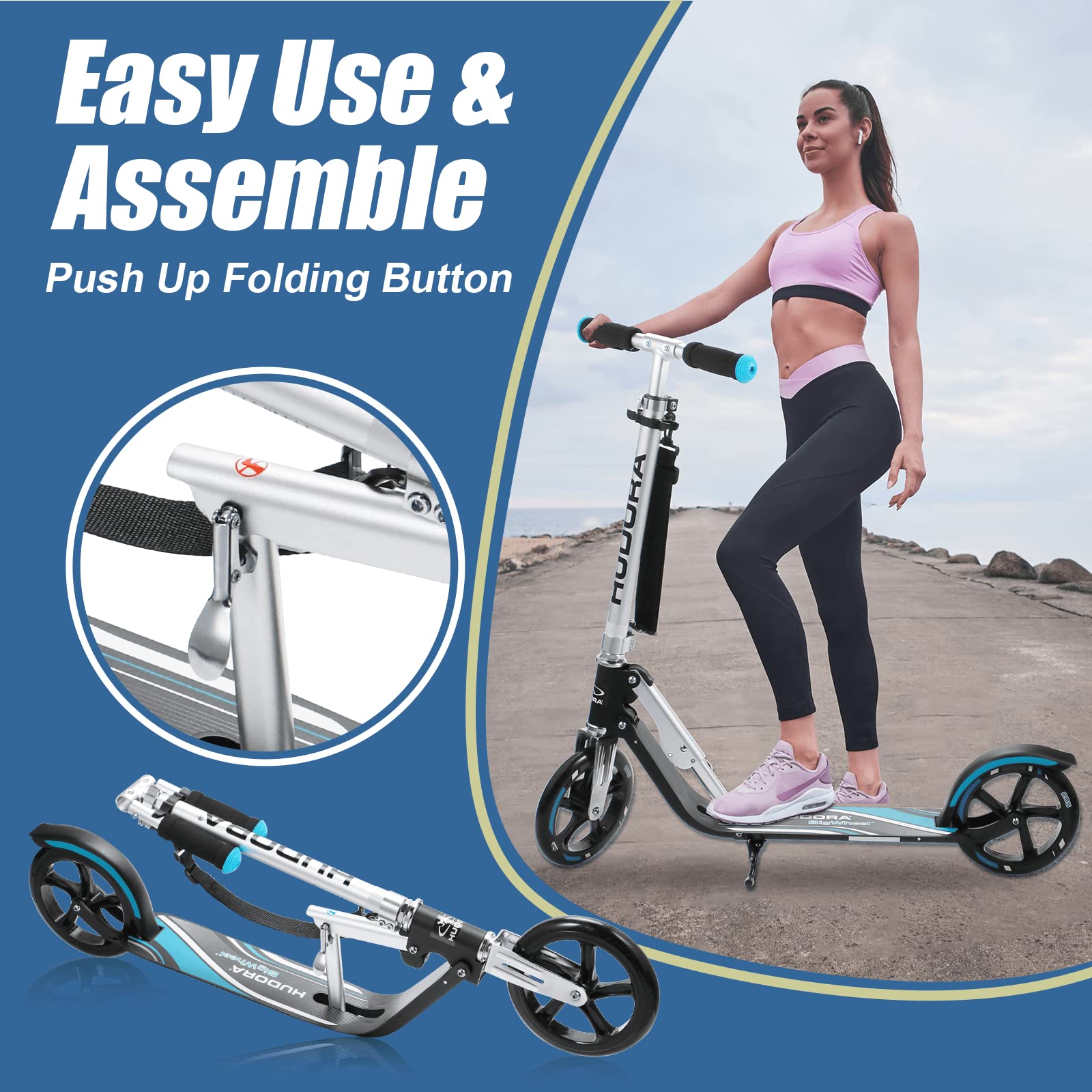 HUDORA Adjustable Height Folding Scooter for Kids, Blue, 8 Inch Big Wheels