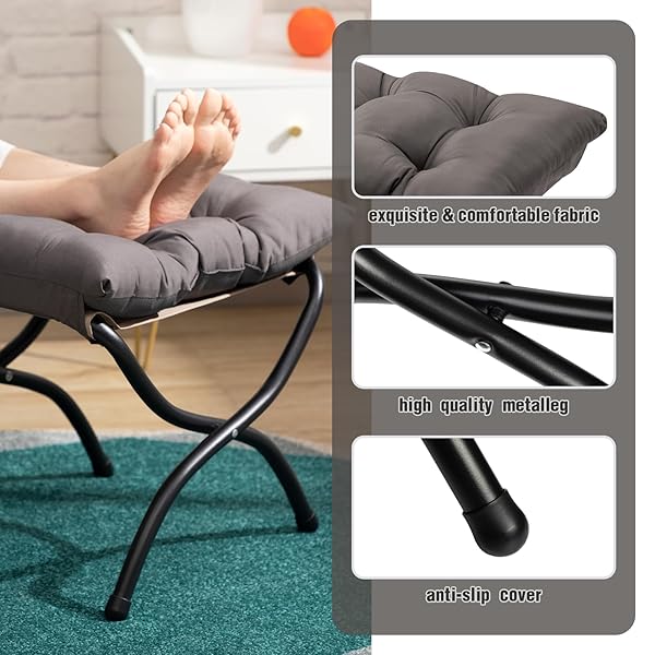 HOLLYHOME 15″(H) FOLDING FOOTREST STOOL, UPHOLSTERED SMALL FOLDABLE OTTOMAN, ACCENT PADDED SOFA FOOT STOOL FOR LAZY CHAIR, METAL FRAME PORTABLE FOOT REST OTTOMAN FOR LIVING ROOM, BEDROOM, DARK GREY
