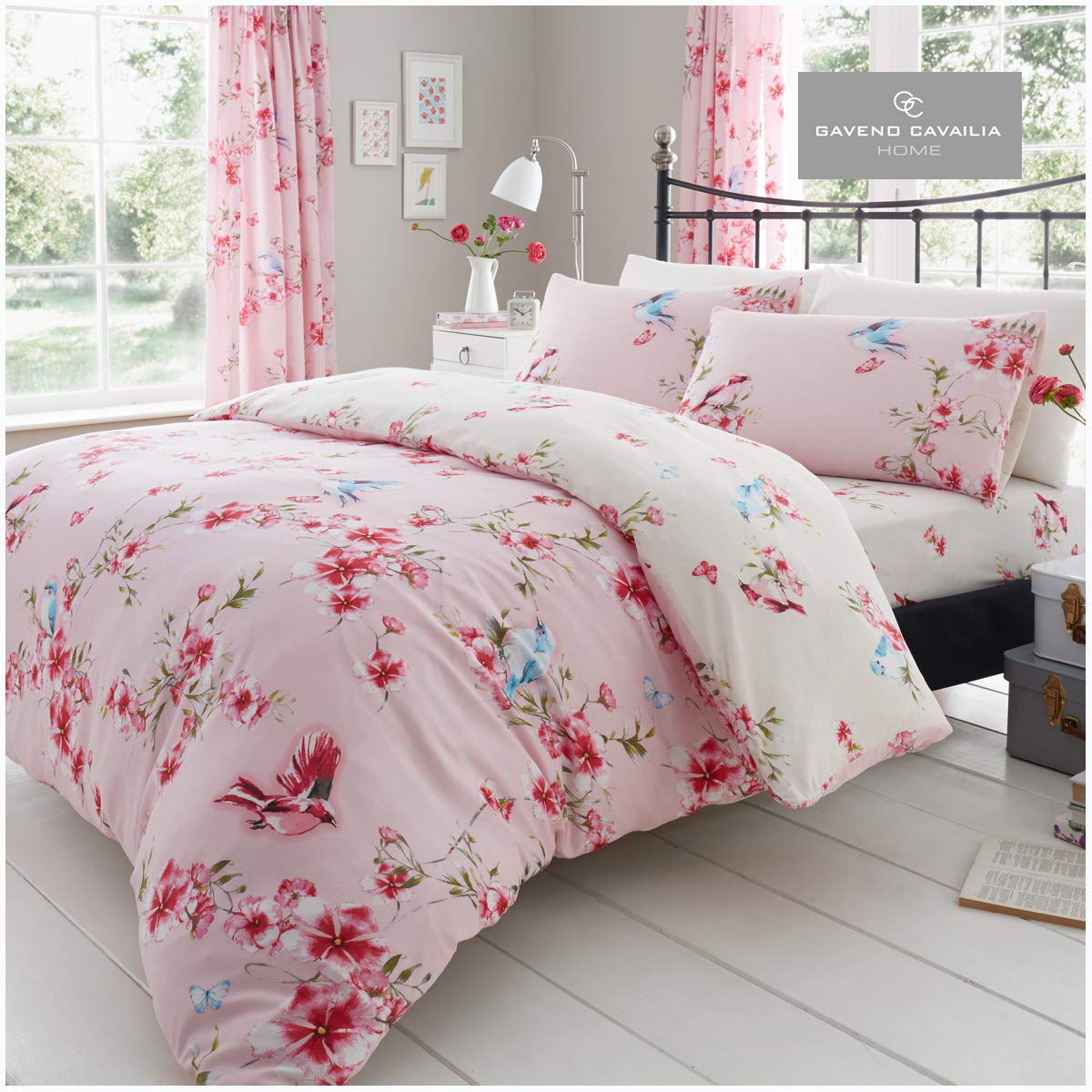 GC GAVENO CAVAILIA Gaveno Cavailia Botanical Birdie Blossom Super King Duvet Set Pink Bedding, 3 Piece Cotton Blend Reversible Floral Bedlinen, Easy Care Bedset, 1 Quilt Cover + 2 Pillow Cases