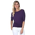 iliad USA iliadusa 7001 Womens Round Neck Dolman Top 3/4 Sleeve Side Shirring Eggplant X-Large