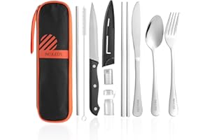 INKULEER Travel Cutlery, Portable Cutlery Set | Portable Silverware Set, 18/8 Stainless Steel Lunch Reusable Travel Cutlery Set, Fork and Spoon/Knife Set for Camping | Full-size camping cutlery set.