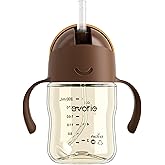 Evorie Tritan Weighted Straw Sippy Cup with Handles for Baby and Toddlers, Spill Proof Baby Water Bottle with Straw for 6 Months and up, 7 Oz, Infant Training Water Bottle (Brown)