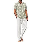 COOFANDY Men 2 Piece Linen Outfit Beach Button Down Shirt Casual Loose Pant Sets