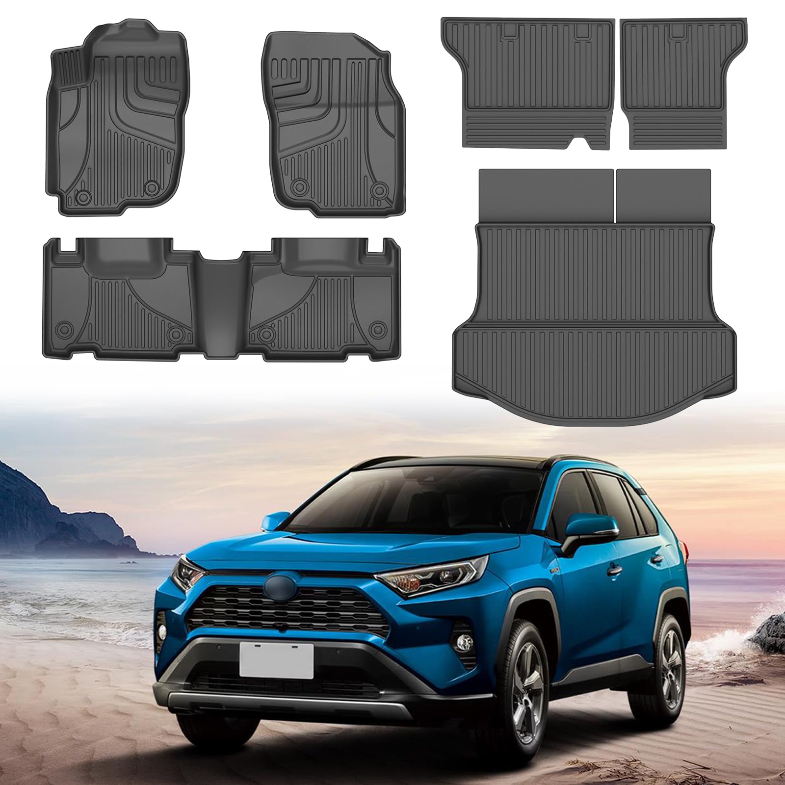 AOMSAZTO Floor Mats for Toyota RAV4 2013-2018 (Include Hybrid) Full Set All Weather TPE Custom Fit Floor Mats for Toyota RAV4 1st & 2nd Row Car Mats Trunk Frunk Mat Image