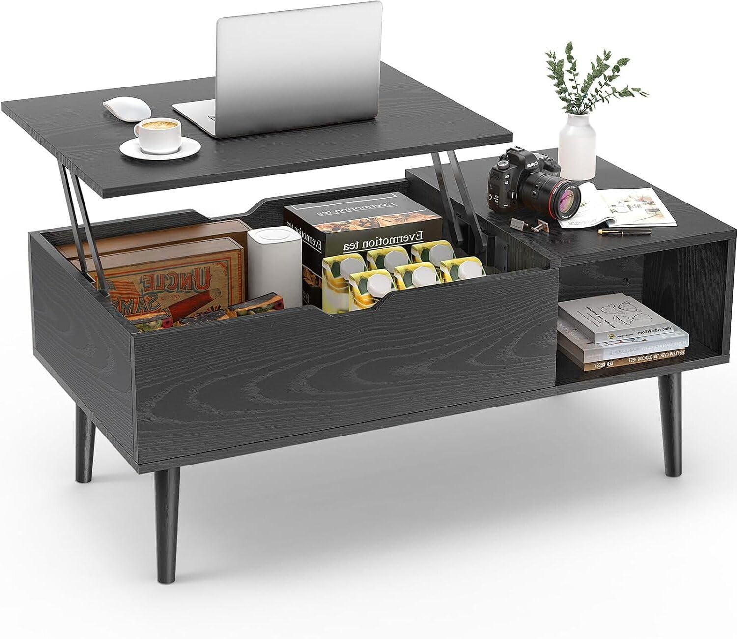Photo 1 of Sweetcrispy Lift Top Coffee Tables for Living Room, Small Rising Wooden Dining Center Tables with Storage Shelf and Hidden Compartment, Classic Black